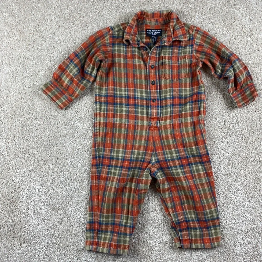 Polo Jeans Co Ralph Lauren Plaid One Piece Pajamas Romper Kids L 12 18 Months‎
